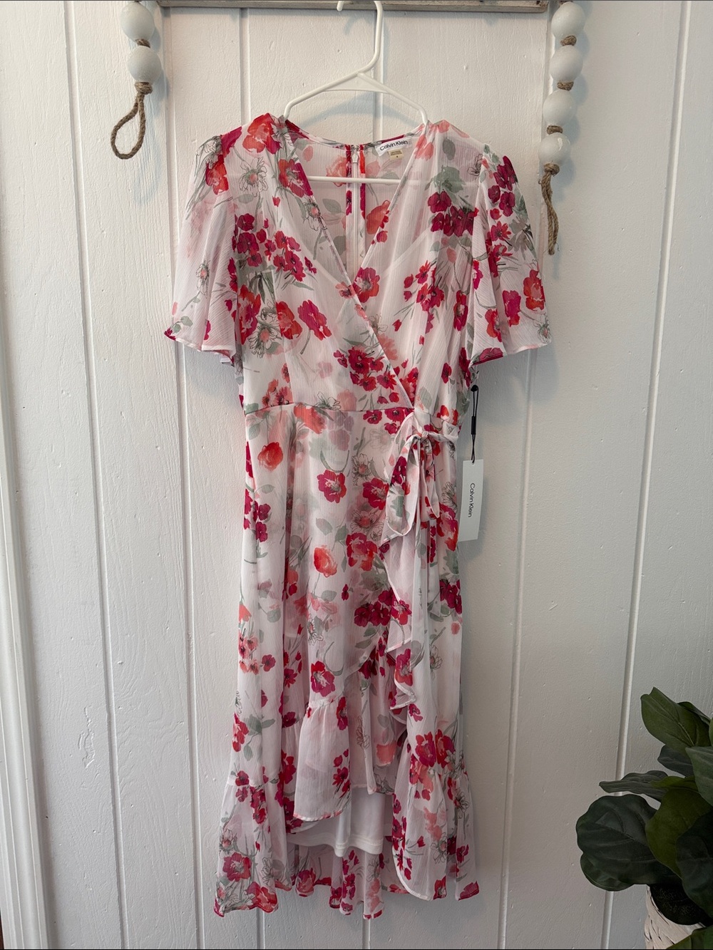 NWT Calvin Klein White Floral Wrap Dress